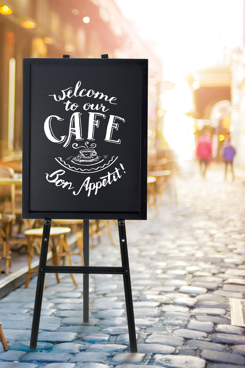 Load image into Gallery viewer, Securit Easel Chalkboard Set - Black Easel 165 cm + Black Chalkboard 70x90 cm + Waterproof Markers - in use
