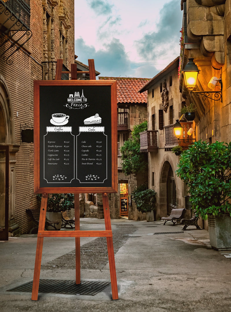 Load image into Gallery viewer, Securit Easel Chalkboard Set - Mahogany Easel 165 cm + Mahogany Chalkboard 70x90 cm + Waterproof Markers - in use
