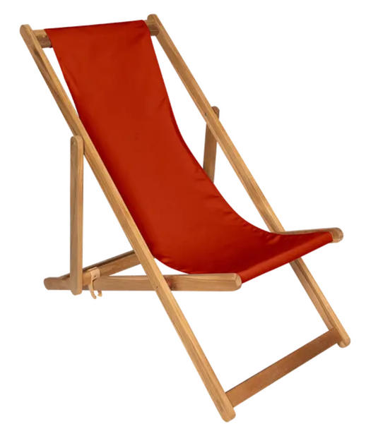 Fermob Ibiza teak deckchair with a slatted design, featuring a sturdy wooden frame and comfortable seating for outdoor lounging.