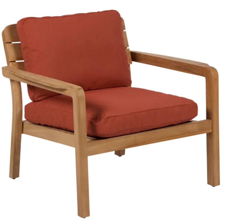 Load image into Gallery viewer, Fermob Lodge low armchair with teak frame and outdoor seating, designed for hotel terrace relaxation.
