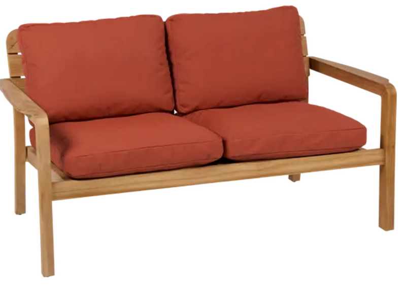 Load image into Gallery viewer, Vlaemynck Lodge solid teak 2-seater outdoor sofa with plush cushions, perfect for garden or patio seating.

