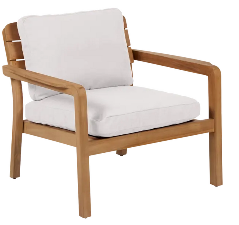 Load image into Gallery viewer, Ecru outdoor teak armchair by Fermob with low arms, designed for hotel terrace seating, featuring a sleek, modern style.
