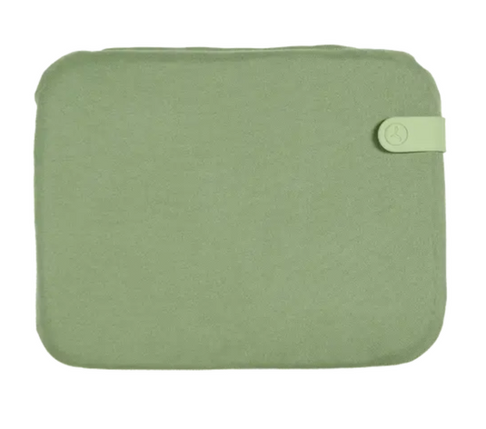 Eucalyptus green Fermob outdoor bistro cushion, 38x30 cm, with a colorful mixed pattern, designed for Fermob foldable chairs.