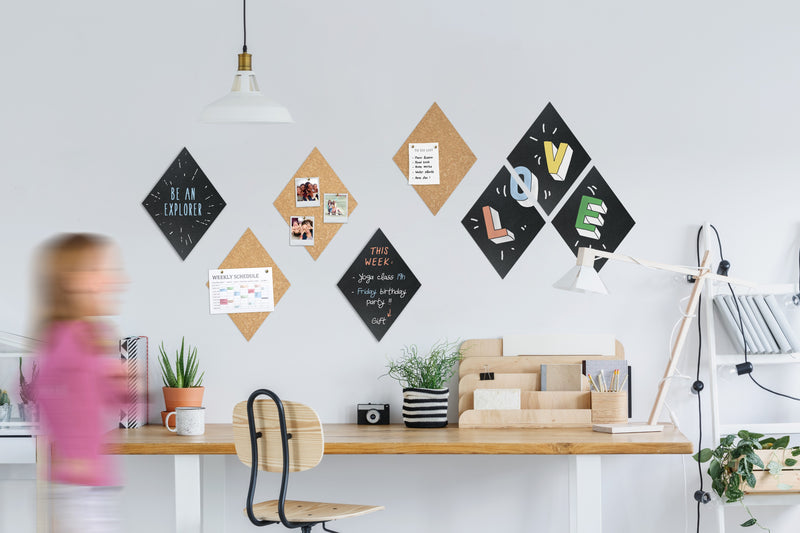 Load image into Gallery viewer, Securit Wall Board - Cork &amp; Chalk Diamonds - Black/Cork 30x22x0,2cm - Pack of 6 - in use
