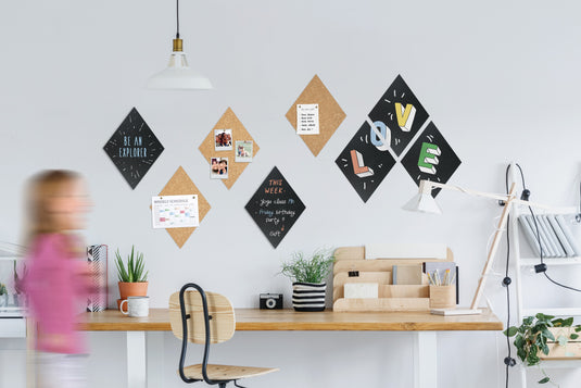 Securit Wall Board - Cork & Chalk Diamonds - Black/Cork 30x22x0,2cm - Pack of 6 - in use