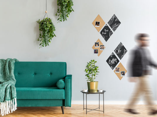 Securit Wall Board - Cork & Chalk Diamonds - Black/Cork 30x22x0,2cm - Pack of 6 - in use
