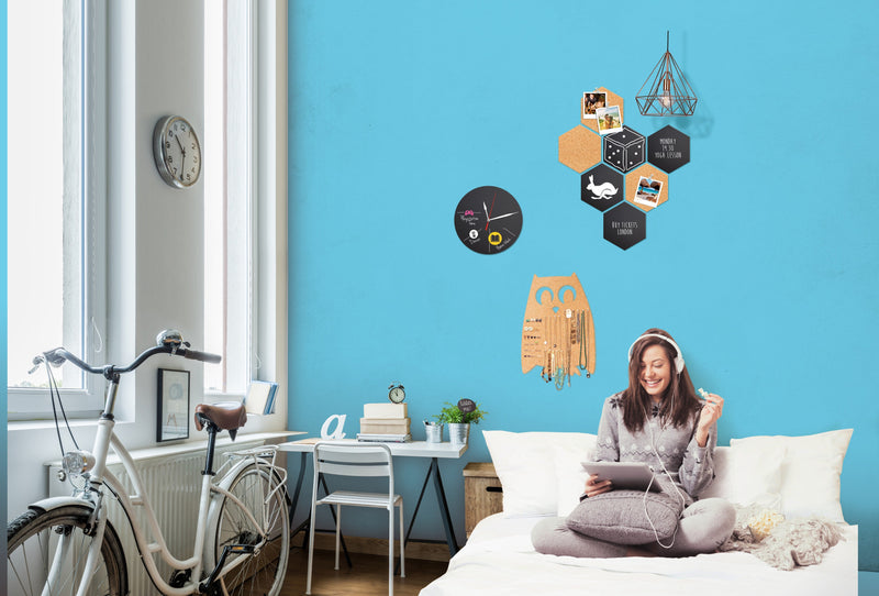 Load image into Gallery viewer, Cork &amp; Chalk Hexagon Gallery Wall Set - 42 Hexagon Chalkboard &amp; Cork Tiles + White Chalk Markers - in use
