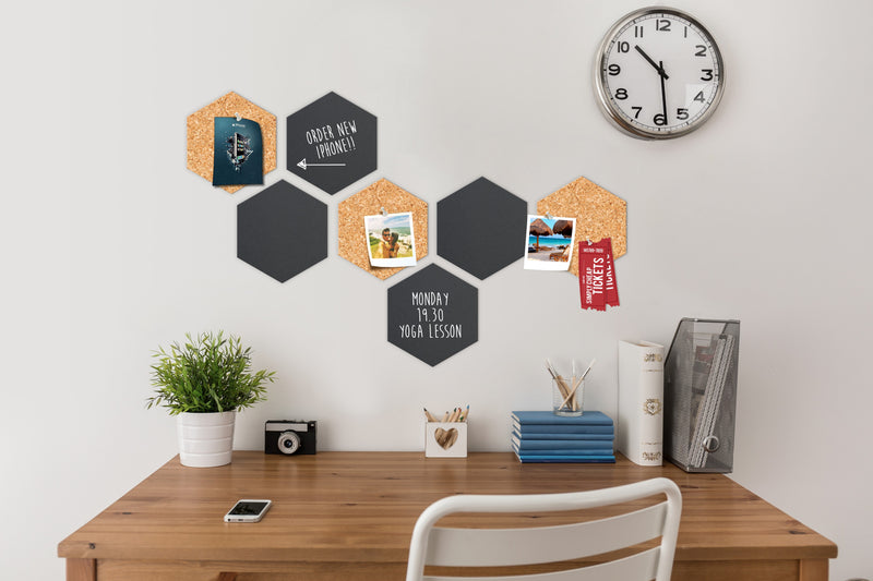 Load image into Gallery viewer, Securit Wall Board - Cork &amp; Chalk Hexagons - Black/Cork 23x20x0,2cm - Pack of 6 - in use
