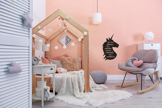 Kids Room Chalkboard Set - Unicorn, Cloud & Stars Silhouette Wall Chalkboards + Pastel Chalk Markers - in use
