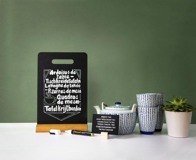 Load image into Gallery viewer, Securit Table Chalkboards - Silhouette Wood - Black 33,5x21x6cm - Pack of 6 - in use
