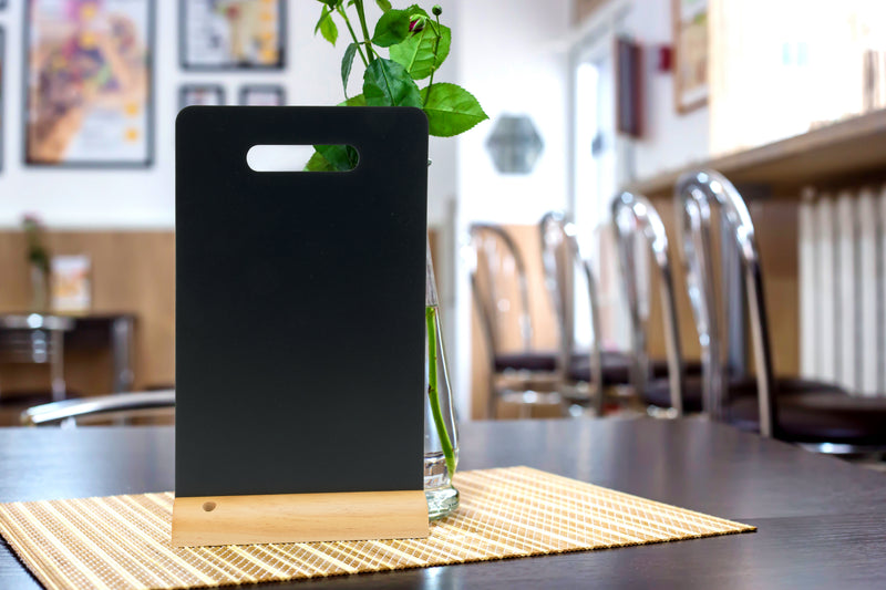 Load image into Gallery viewer, Securit Table Chalkboards - Silhouette Wood - Black 33,5x21x6cm - Pack of 6 - in use
