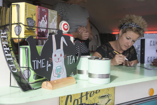Coffee Corner Kitchen Set - Teapot & Cup Chalkboards on Wooden Bases + Coffee Stencils + White Chalk Markers - in use