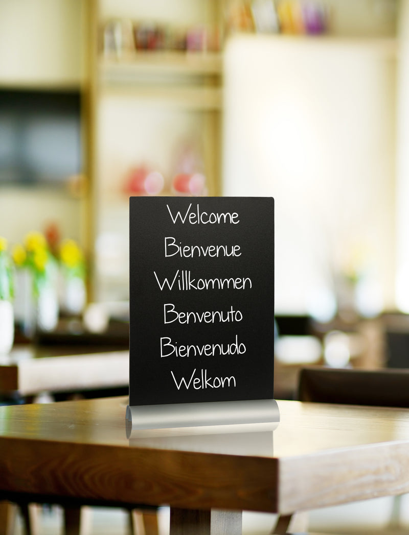 Load image into Gallery viewer, Securit Table Chalkboards - Silhouette Aluminium - Black 30,8x21x6cm - Pack of 6 - in use
