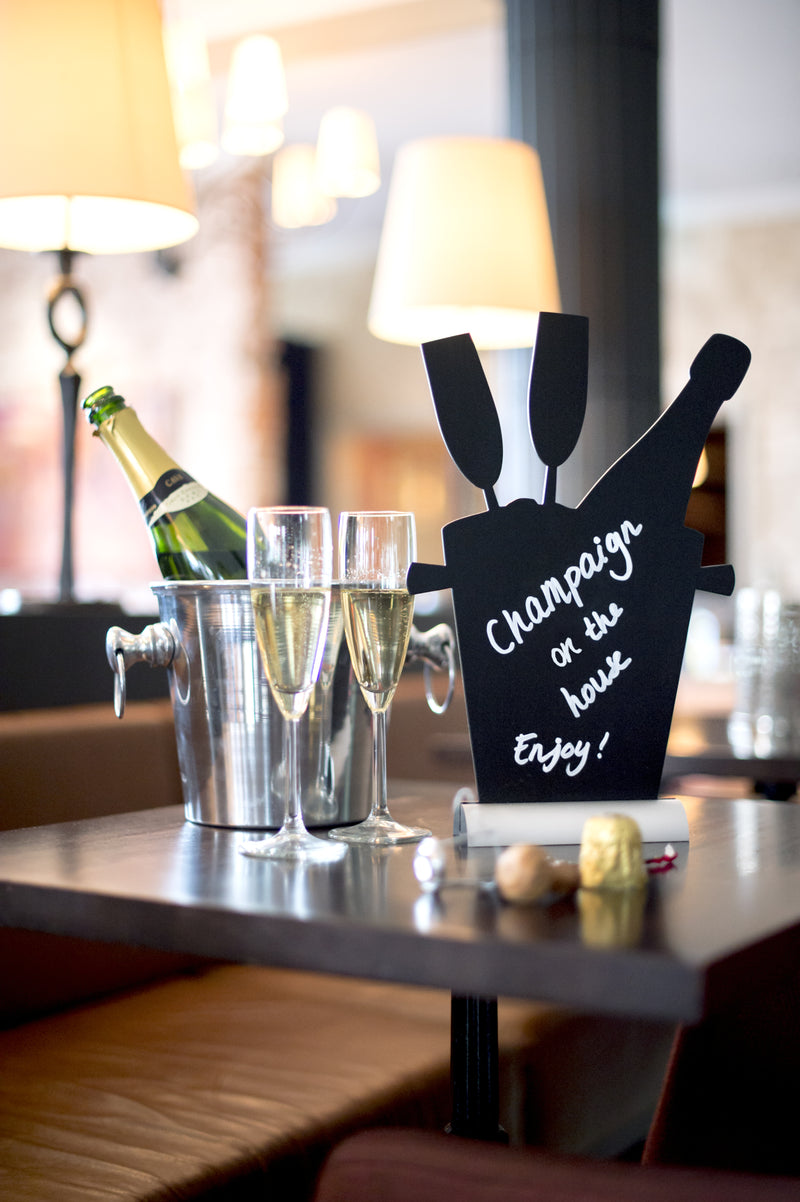 Load image into Gallery viewer, Securit Table Chalkboards - Silhouette Aluminium - Black 35,5x23x6cm - Pack of 6 - in use
