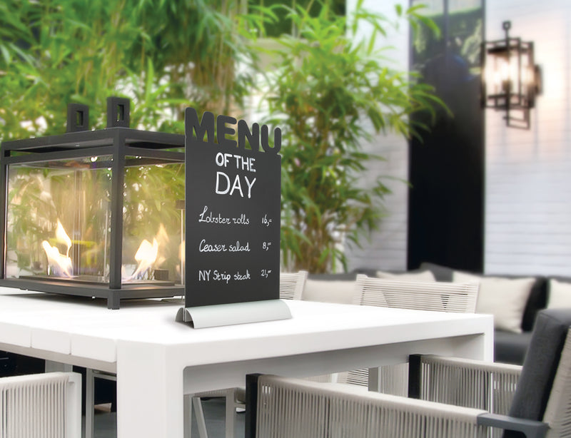 Load image into Gallery viewer, Securit Table Chalkboards - Silhouette Aluminium - Black 34,2x21x6cm - Pack of 6 - in use
