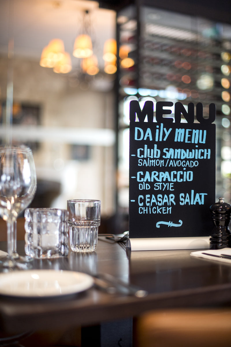 Load image into Gallery viewer, Securit Table Chalkboards - Silhouette Aluminium - Black 34,2x21x6cm - Pack of 6 - in use
