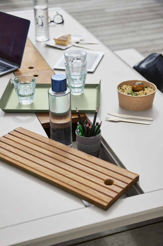 Fermob Bellevie outdoor dining table in wood and metal with storage, 196 x 90 cm, eight-seater for patio or garden.