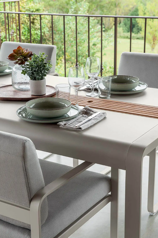 Fermob Bellevie outdoor dining table in wood and metal, 196x90 cm, with storage, designed for eight-seat outdoor dining.