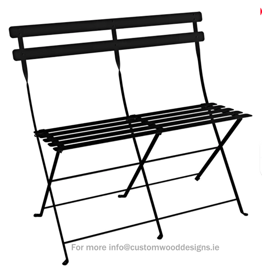 Fermob Liquorice black two-seater folding bench Ottoman with wooden legs and cushioned top, suitable for indoor or outdoor use.
