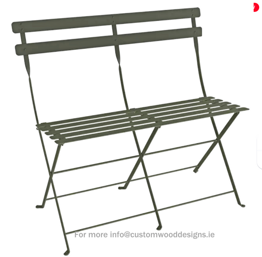 Fermob Bistro two-seater folding ottoman in black with rosemary-colored fabric, designed as a stylish outdoor bench.