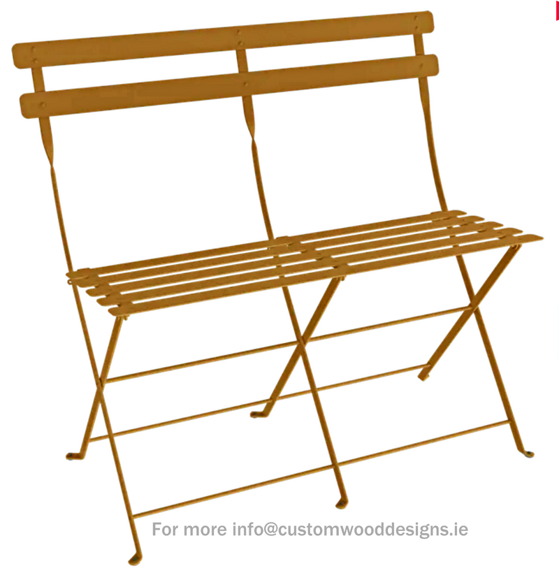 Load image into Gallery viewer, Fermob gingerbread two-seater folding bench ottoman, outdoor patio furniture, wooden slat design with armrests and foldable feature.
