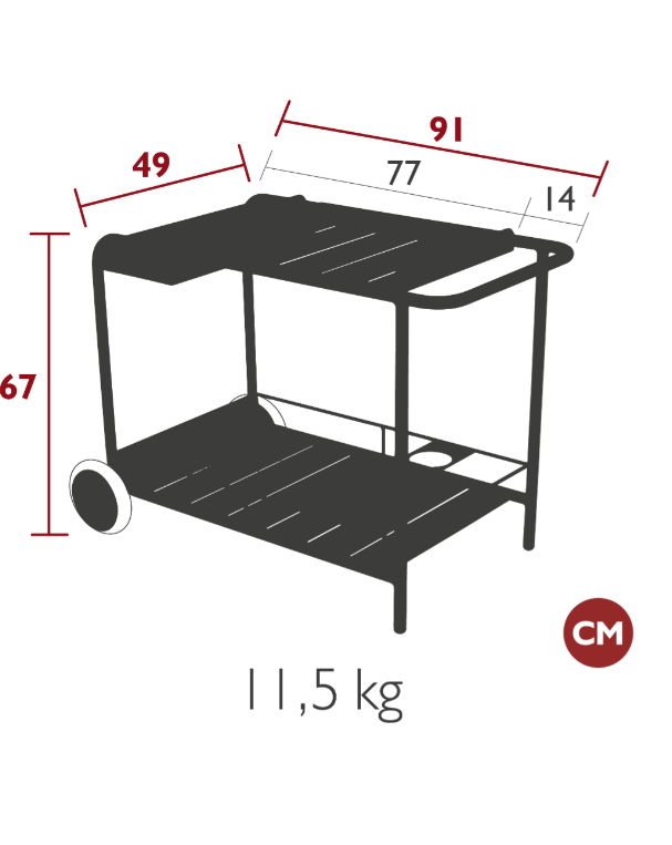 Load image into Gallery viewer, Fermob Luxembourg side bar trolley with wheels, designed for restaurant terrace drinks service, featuring a sturdy table surface.
