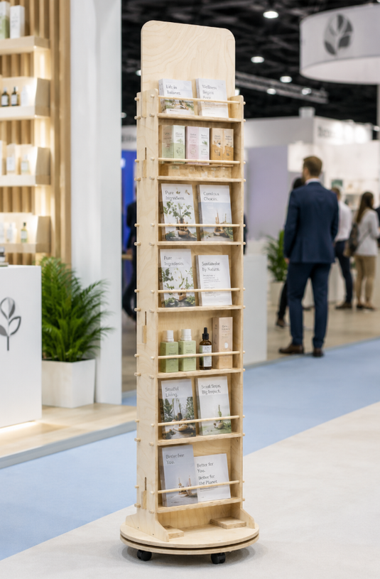 Esposit floor display unit with rotating fil rack for brochures, books, and small items, ideal for retail or showroom displays.