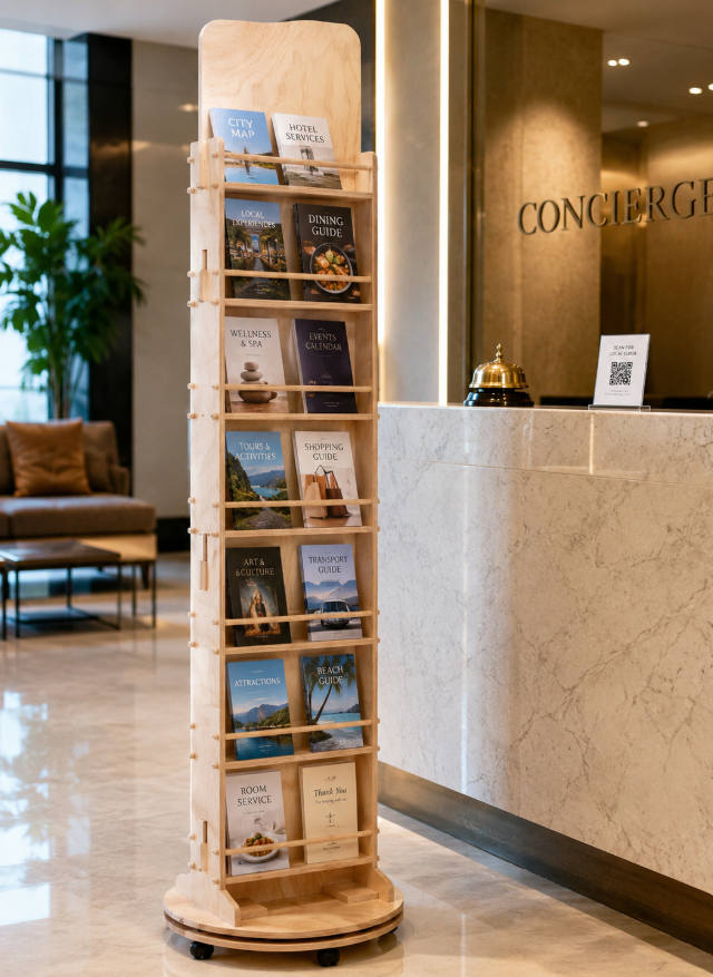 Load image into Gallery viewer, Esposit floor display unit with rotating filament for hotel brochures, books, and small items, showcasing organized presentation.
