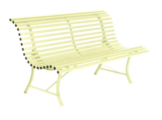 Fermob Louisiane 150cm outdoor folding bench in steel with lemon frost finish, ideal for garden or patio seating.