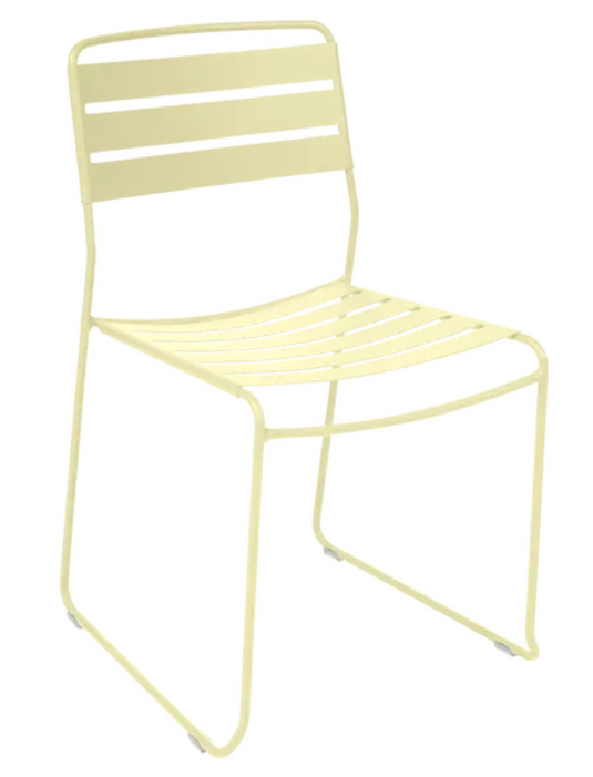 Fermob Surprising outdoor chair in frosted lemon color, stylish metal design suitable for patio or restaurant outdoor seating