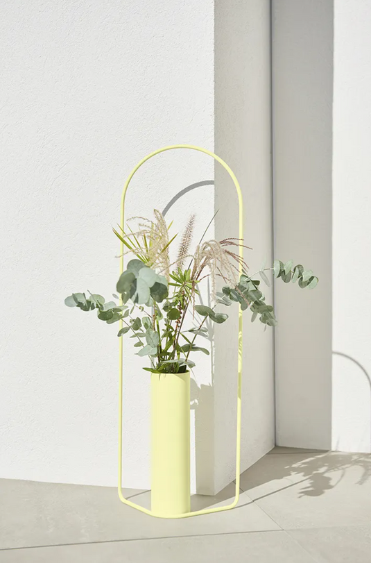 Fermob Itac cylindrical vase, 76cm tall, in frosted glass with matching accessories, showcasing modern design and elegant form.