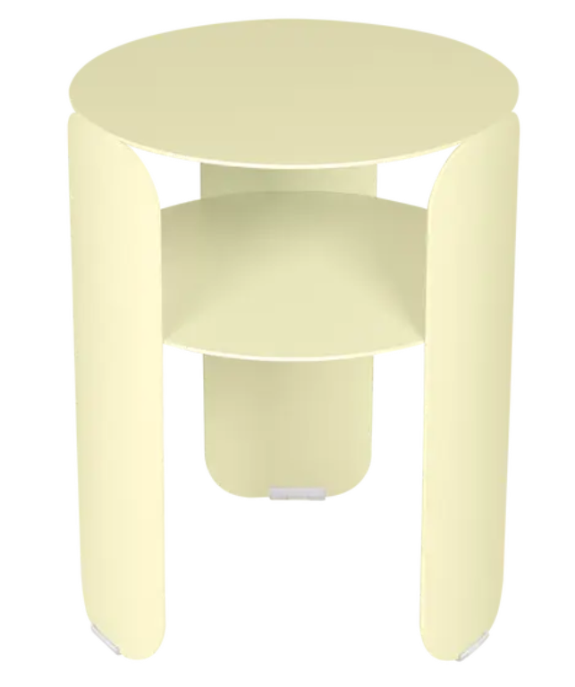 Load image into Gallery viewer, Fermob Bebop side table with 35cm diameter, frosted lemon blue metal design, outdoor use, offset style with anthracite finish.
