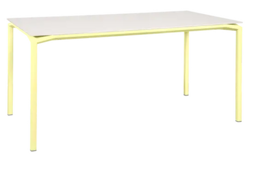 Fermob CALVI AERIS mineral dining table, 160 x 80 cm, six-seater with frosted lemon finish, modern outdoor furniture.