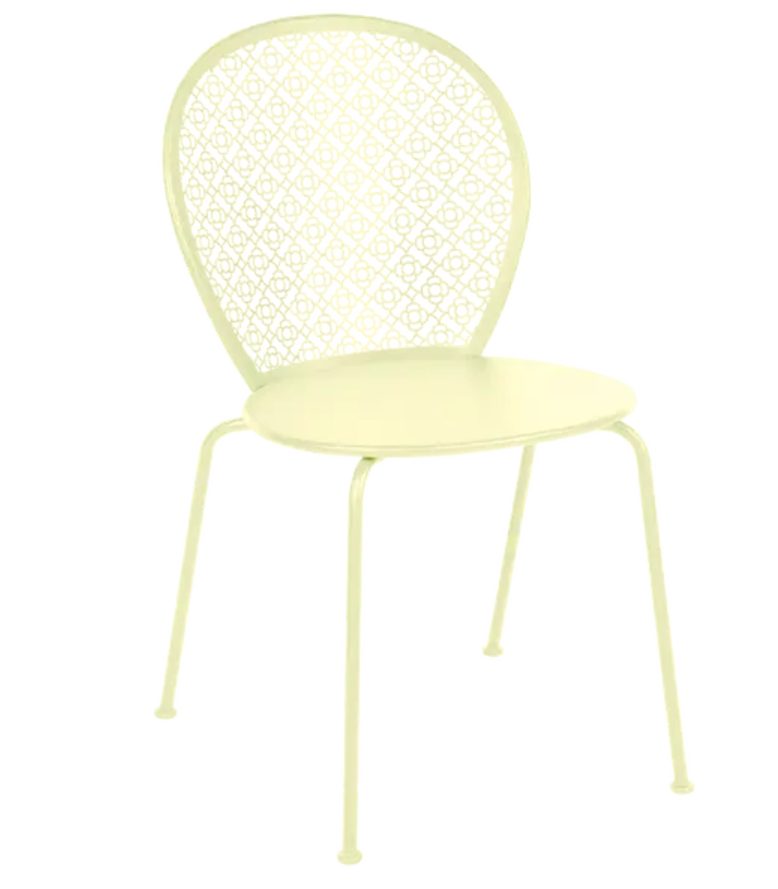 Load image into Gallery viewer, Fermob Lorette outdoor metal chair in frosted lemon color, featuring a colorful, modern design for outdoor patio furniture.
