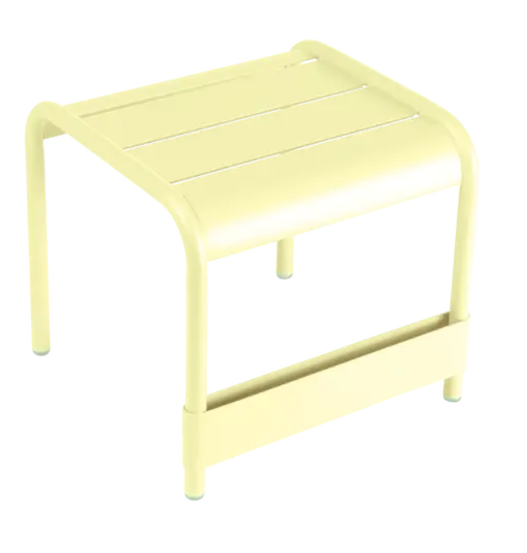 Load image into Gallery viewer, Fermob Luxembourg small low table or footrest with frosted lemon finish, measuring 44x42 cm, suitable for indoor or outdoor use.
