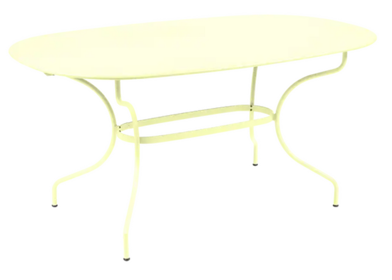 Load image into Gallery viewer, Fermob OPÉRA+ oval metal outdoor table, 160 x 90 cm, six-seater with frosted lemon finish, designed for outdoor dining.

