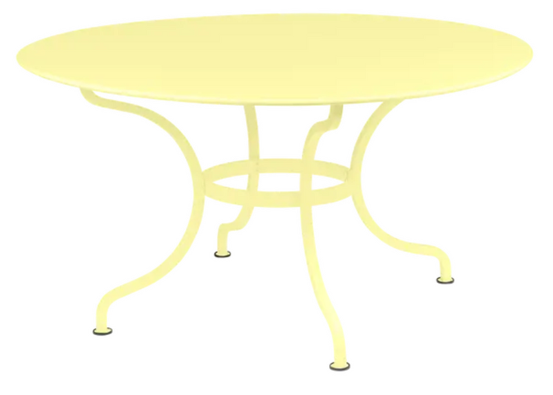 Load image into Gallery viewer, Fermob Romane round table with frosted lemon finish, 137cm diameter, seating up to 8 guests, suitable for outdoor or dining spaces.
