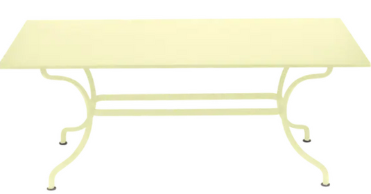 Fermob Romane Table in frosted lemon finish, 180 x 100 cm, suitable for up to 8 guests, outdoor dining furniture.