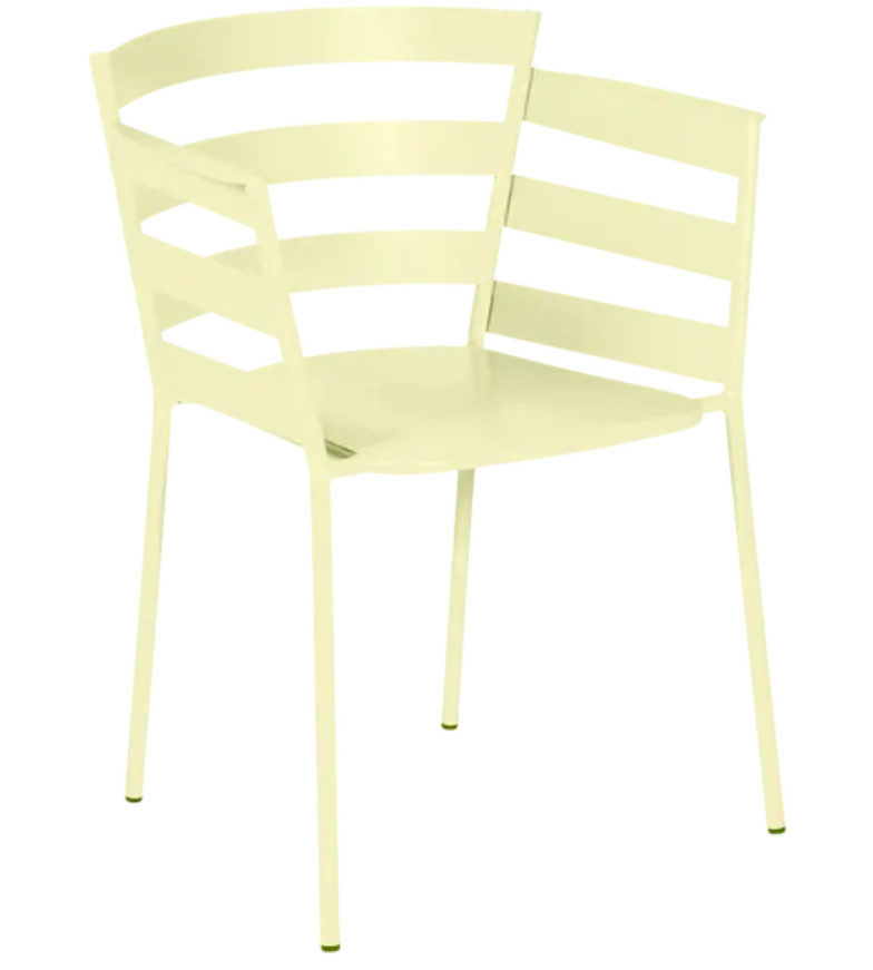 Load image into Gallery viewer, Fermob RYTHMIC outdoor armchair in frosted lemon color, featuring a modern design with a curved back and armrests.
