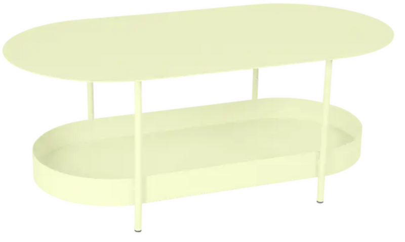 Load image into Gallery viewer, Fermob Salsa low table with frosted lemon finish, measuring 113x58cm, modern outdoor furniture piece.
