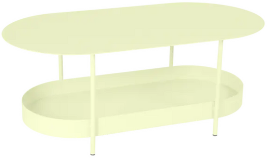 Fermob Salsa low table with frosted lemon finish, measuring 113x58cm, modern outdoor furniture piece.
