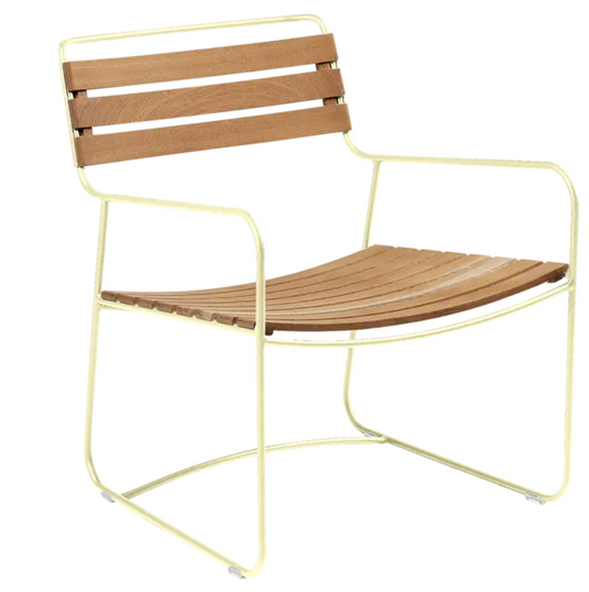 Fermob Surprising Teak Low Armchair, outdoor metal chair with frosted lemon finish, stylish and weather-resistant for patio seating.