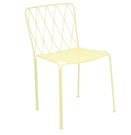 Fermob Kintbury outdoor metal chair in frosted lemon, stackable design, suitable for patio or restaurant outdoor furniture.