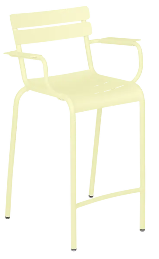 Load image into Gallery viewer, Fermob Luxembourg high bar armchair with frosted light green finish, modern design, and wooden legs.

