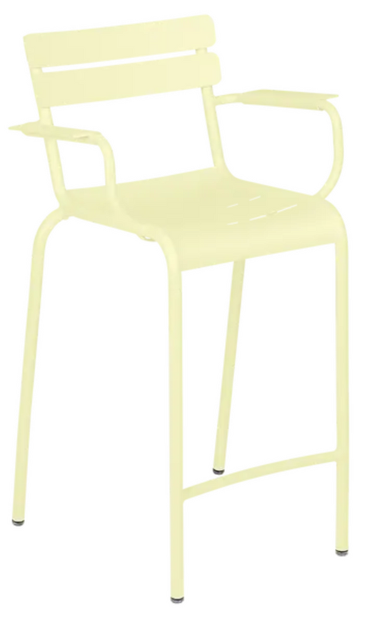 Fermob Luxembourg high bar armchair with frosted light green finish, modern design, and wooden legs.