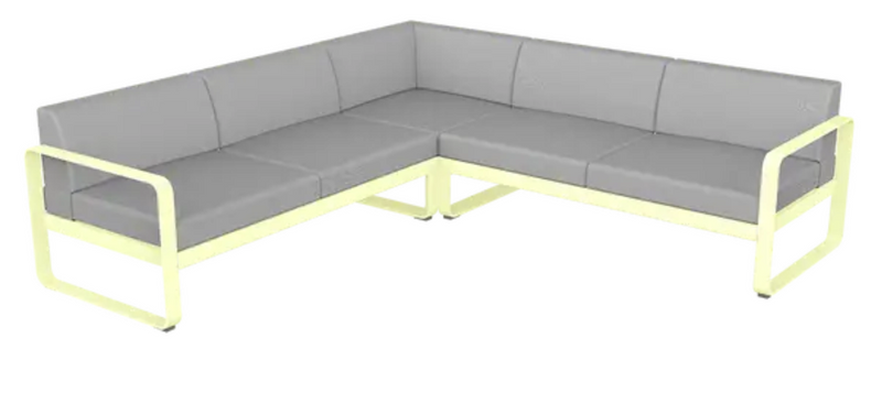 Load image into Gallery viewer, Fermob Bellevie composition 2 outdoor lounge sofa set with frosted lemon, grey fabric cushions, and modular design.
