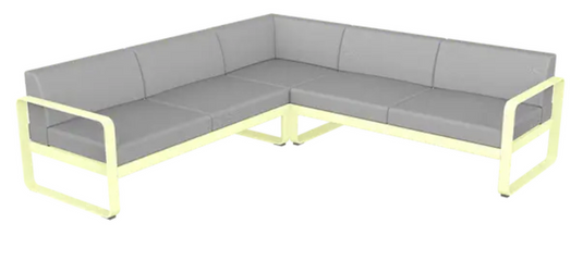 Fermob Bellevie composition 2 outdoor lounge sofa set with frosted lemon, grey fabric cushions, and modular design.