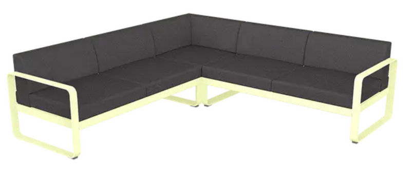 Load image into Gallery viewer, Fermob Bellevie Composition 2 outdoor sofa set with frosted lemon and graphite grey cushions on a patio.
