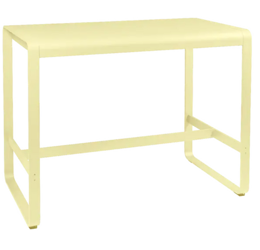 Fermob Bellevie high lounge table in frosted lemon finish, 140x80 cm outdoor metal furniture for patio or garden.