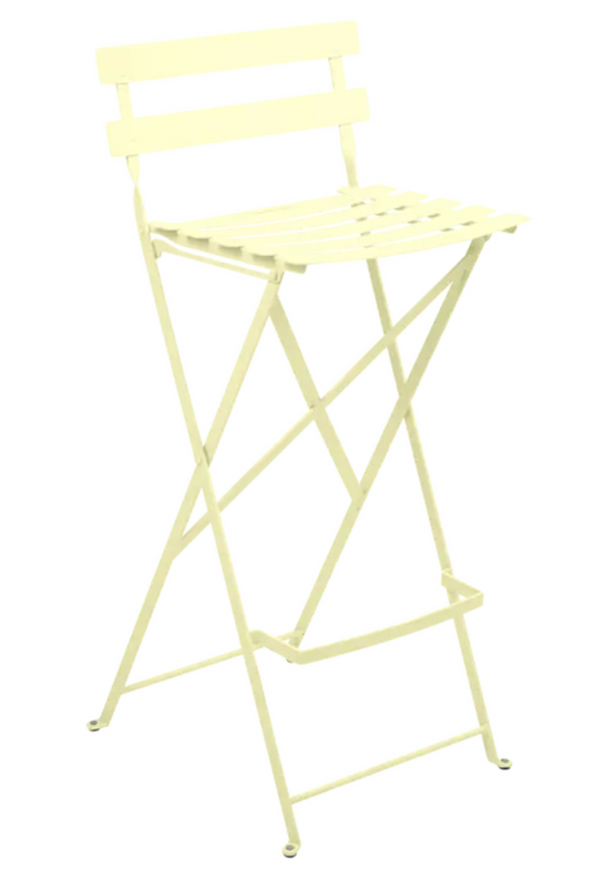Fermob Bistro High Stool in frosted lemon yellow, foldable outdoor bar chair with a lightweight, modern design.